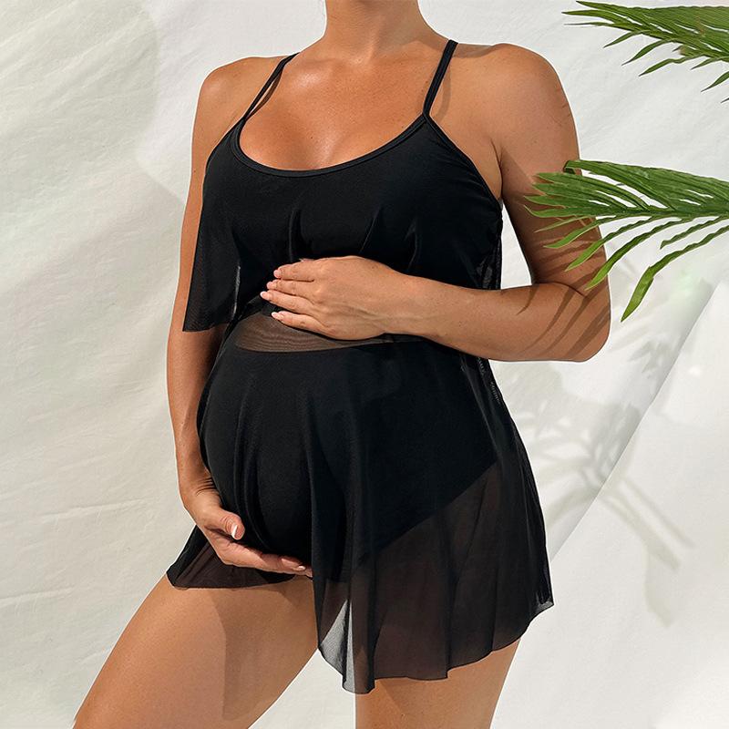 

Однотонный свободный купальник для беременных женщин, закрывающий живот, раздельный купальник с подтяжками, пляжная одежда, купальные костюмы L чёрный