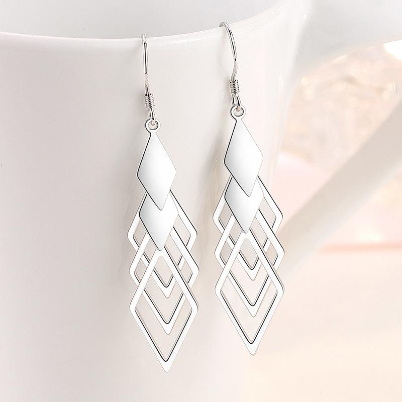 New Fashion Silver Color Stackable Hollow -Out Rhombus Mosaic Cubic Zircon Earrings For Women Long Tassel Jewelry Gift