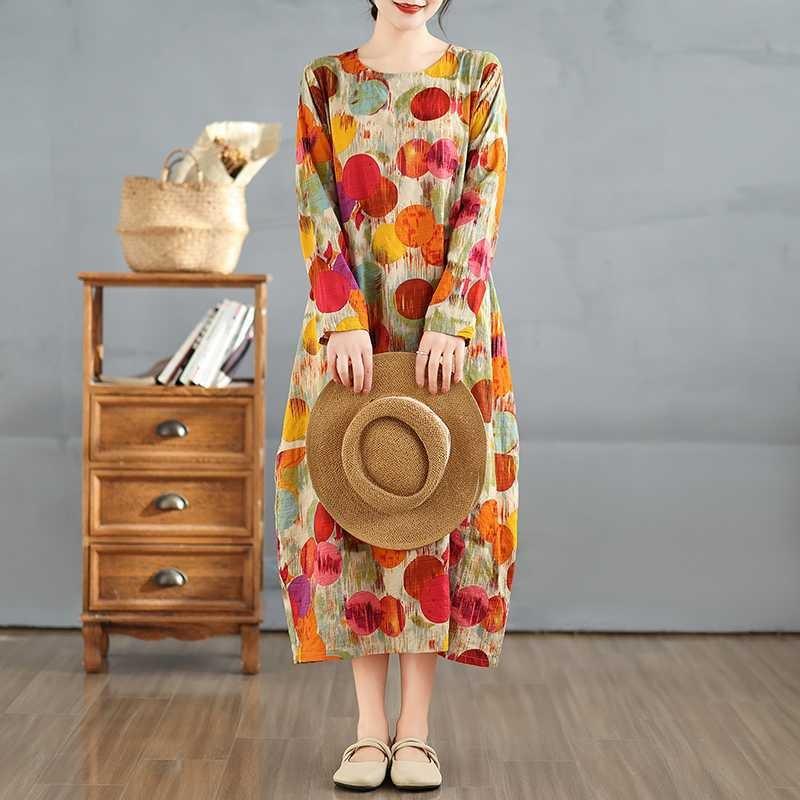 2025 New Vintage Printed Round Neck Loose Large Size Long Dresses