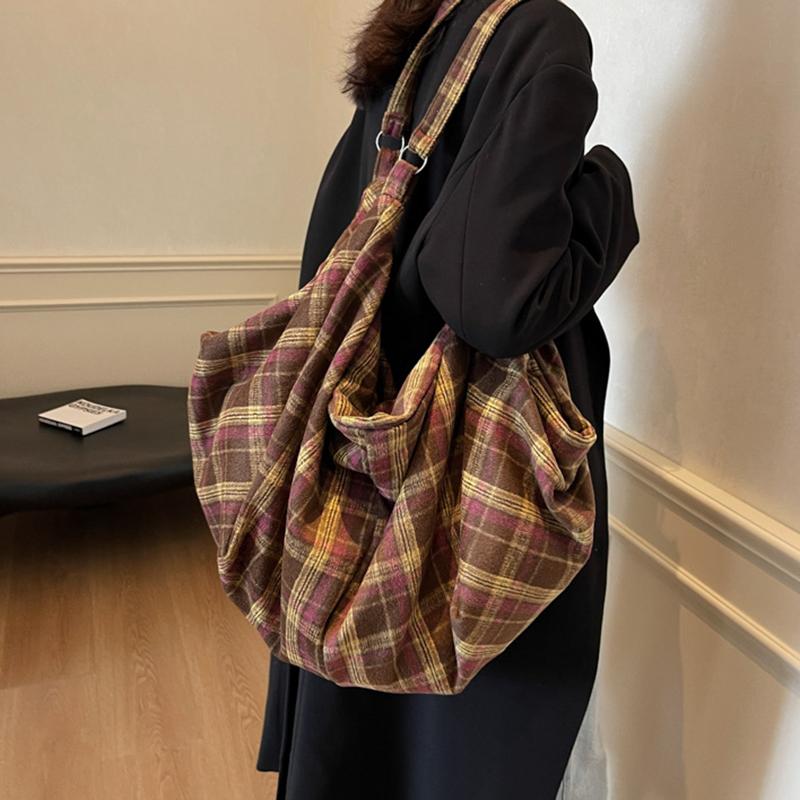 Chic Plaid Nylon Large Capacity Tote Bag Women Casual Top Handle Hobo Shoulder Shopper with Fixed Strap For Daily Work CLE
