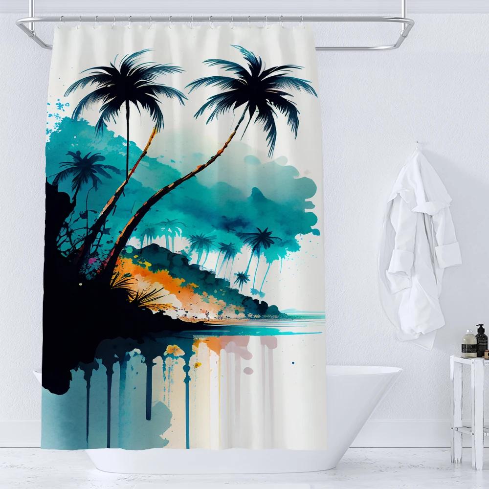 36x72 Inch Seaside Scenery Shower Curtains Beach Coconut Tree Bath Curtains Waterproof Shower Curtain Bathroom Decor with Hooks