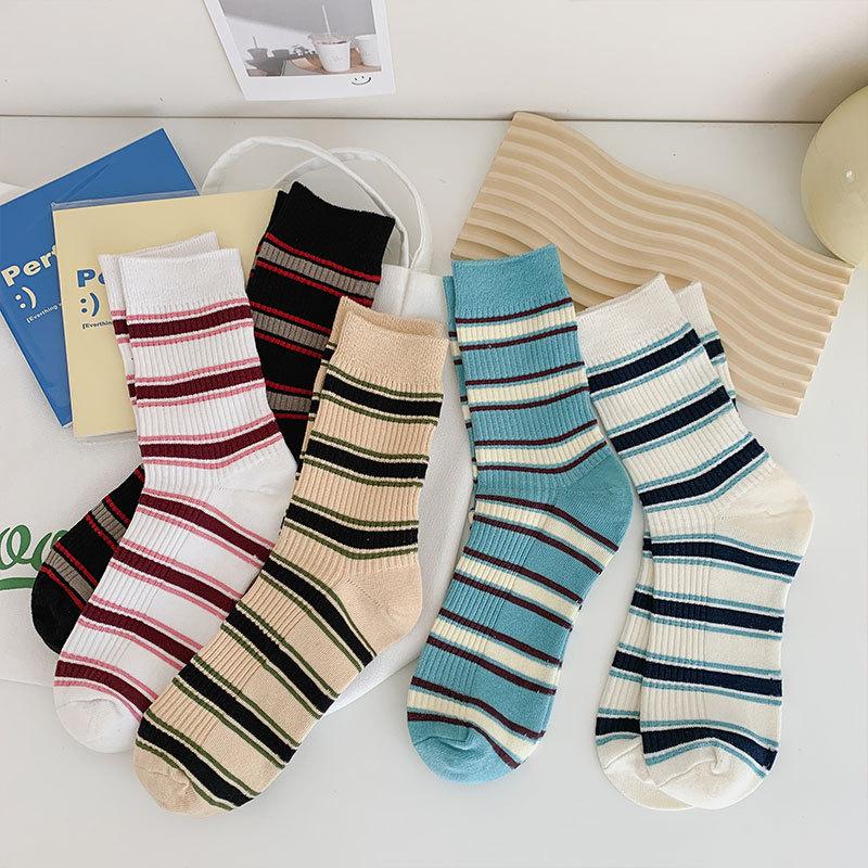 Socks Season Casual Stripes Fresh And Sweet Cotton Socks Trendy Simple Mid-Tube Stacking Socks