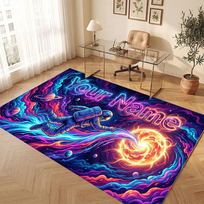 Space Cosmic Theme Crystal Velvet Floor Rug Personalized Custom Name Text Warm Carpet Home Decoration