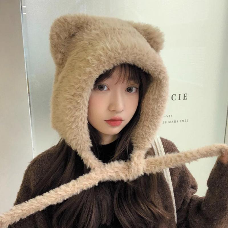 Autumn And Winter  Bear Ear Strap Lei Feng Hat Women'S Korean Cute Warm Ear Protection Knitted Wool Hat