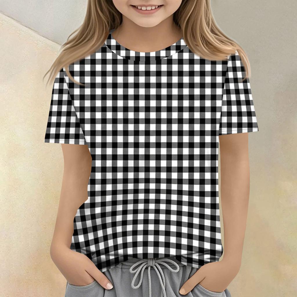 Kids Plaid Print Crew Neck Short Sleeve Casual T Shirt Soft Fabric Lightweight Breathable Fit for Everyday Wear
