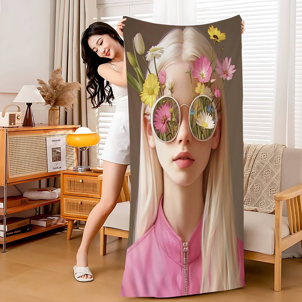 1pc Nordic Boho Fashion Glasses Woman With Flowers Beach Towel Bath Towels For Microfiber Quick Dry Sand Yoga Gym Pool