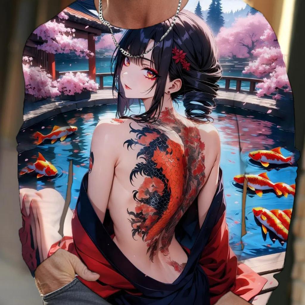 2024 New Men's Long-sleeved T-shirt 3D Printing HD Anime Tattoo Beauty Printing Men's Autumn Tops Casual Round Neck Home Clothes