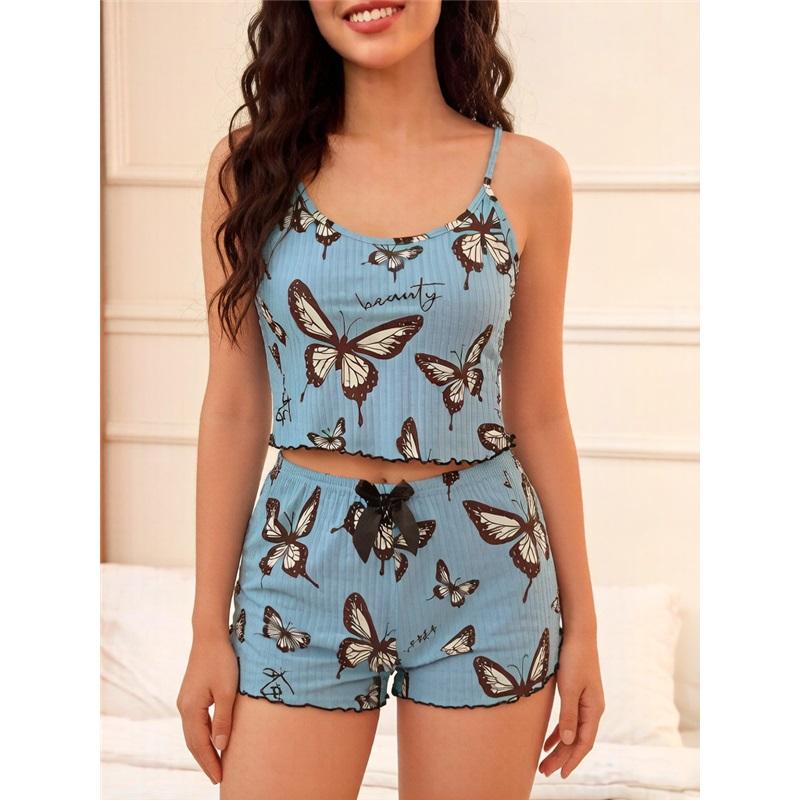 Women's Butterfly Print 2-Piece Loungewear Cami Top & Shorts Pajama Set Soft Milk Silk Sleepwear