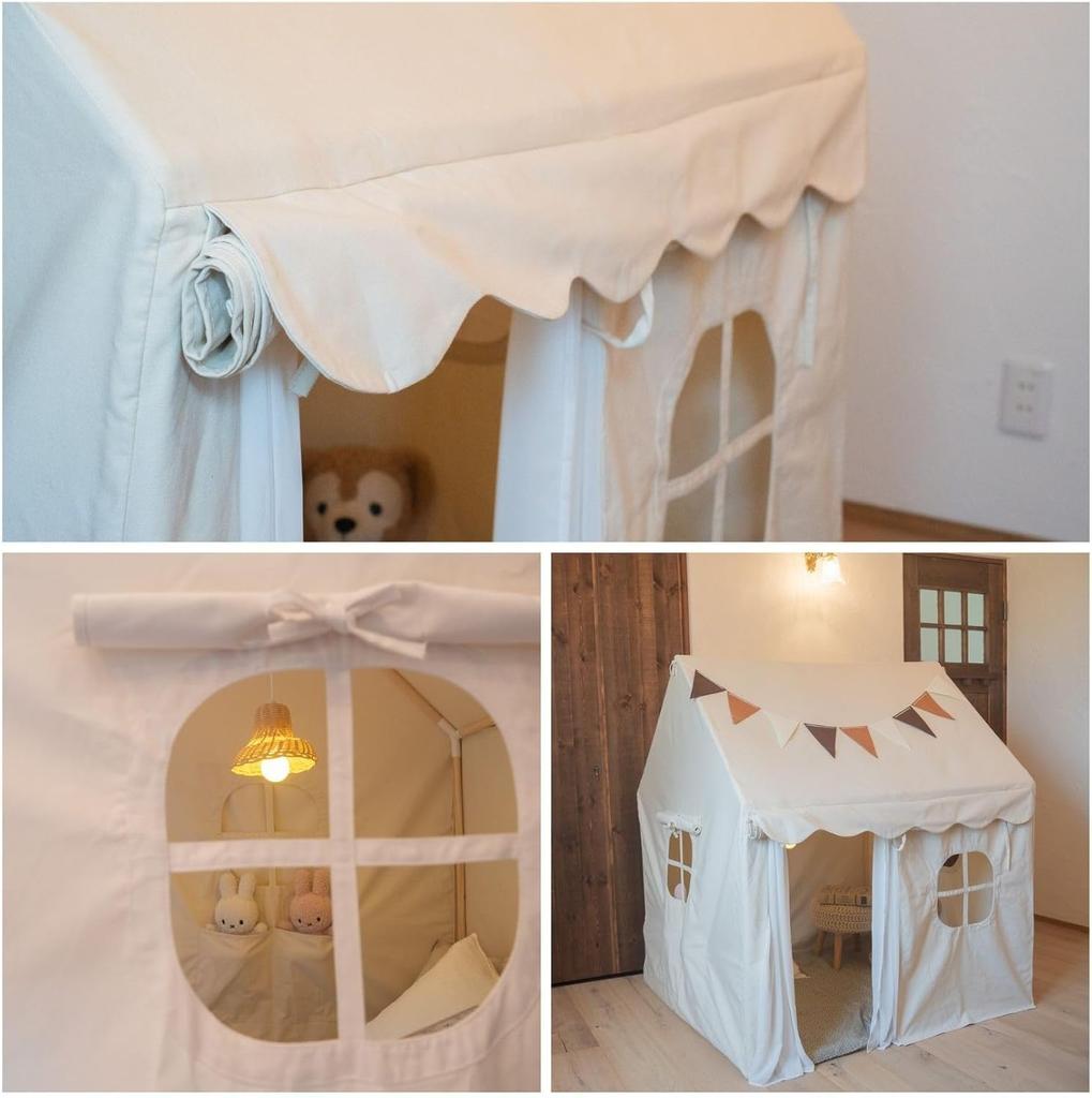 NINEHILLS Kids' Tent, HOME, Greige, Outdoor Camping Teepee, Stylish, 100% Cotton, Wooden Tent House for Kids, Foldable, Indoor Use, Kids' Corner,