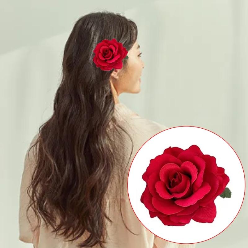 Clips elegant roșu pentru păr cu floare de hibiscus Accesoriu floral pentru păr Decorațiune florală pentru festival Agrafă cu floare pentru sărbători și evenimente