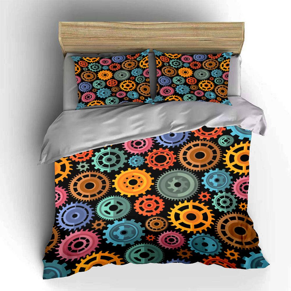 Colorful Gear Pattern Decor Set Bedding Set with 1 Duvet Cover 2 Pillowcases Single Double King Queen Gift
