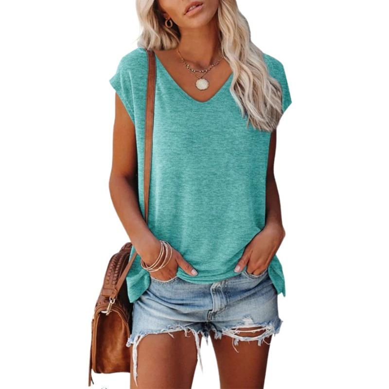 

Women s Hooded Vest Summer V-neck Solid Color Casual Loose Short Sleeved Women Shirt S небо синє кольору