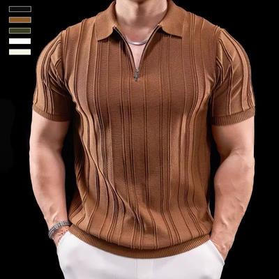 Knitted Polo Shirt Men Short Sleeve Turn-down Collar Paul High-end Striped Half Sleeve Trendy Slim Fit Stretch T-shirt with Collar