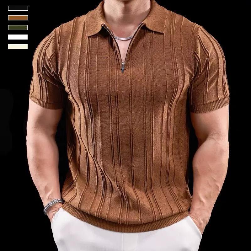 

Knitted Polo Shirt Men Short Sleeve Turn-down Collar Paul High-end Striped Half Sleeve Trendy Slim Fit Stretch T-shirt with Collar M білий