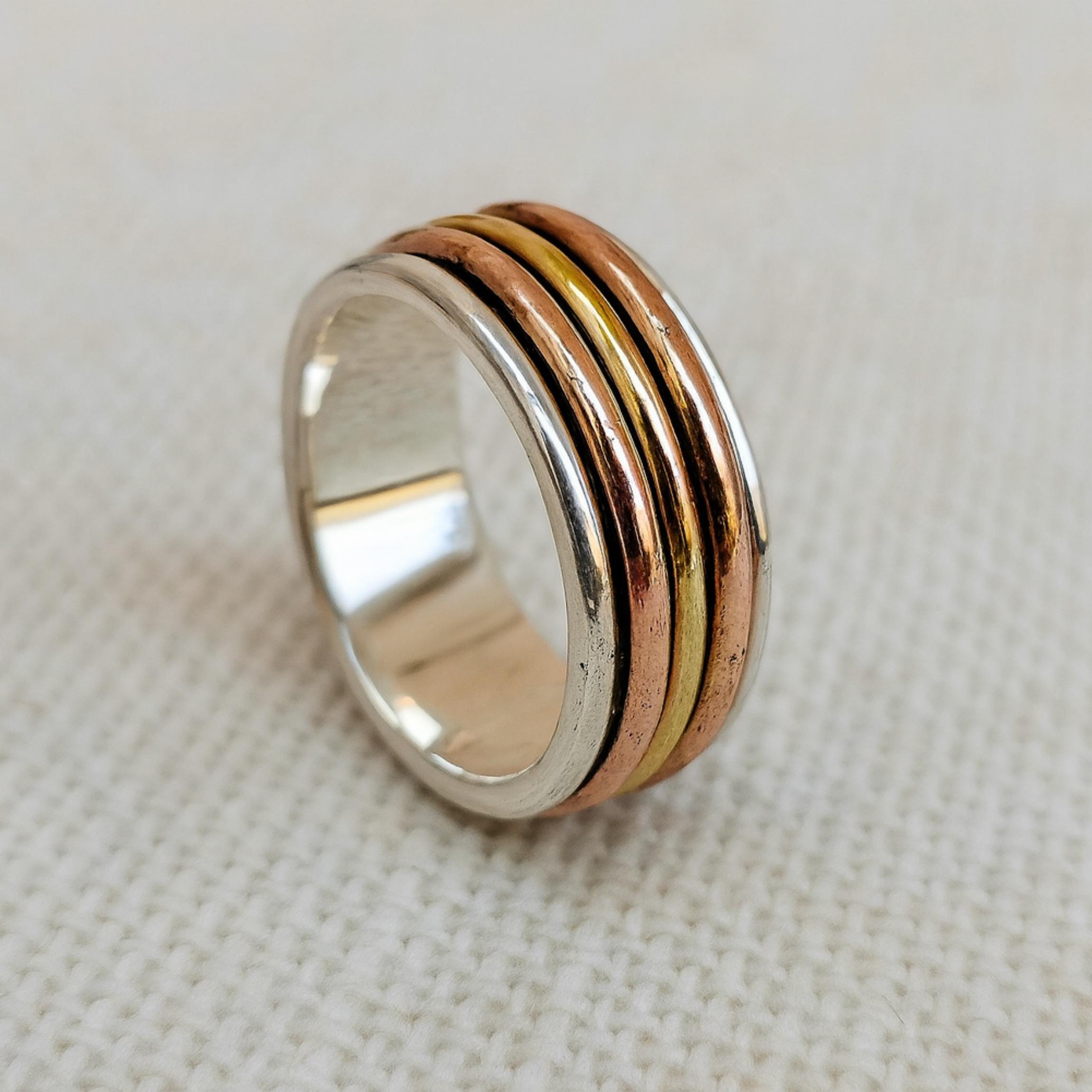 

Three Tone Spinner Ring, 925 Sterling Silver, Handmade Minimalist Jewelry, Meditation Ring 12 серебряный