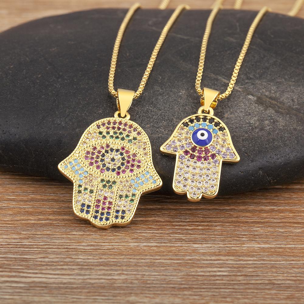 Nidin New Fashion Lucky Palm Shape Evil Eye Pave Zircon Charm Pendant Necklace 4 Styles Girl Clavicle Chain Accessories Gifts