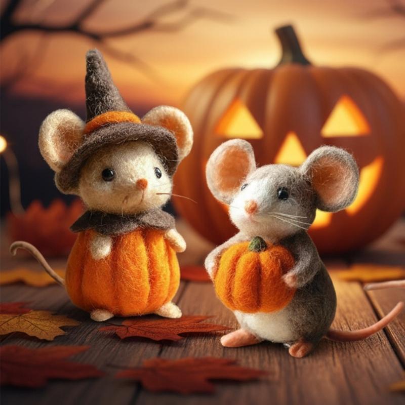 Festives Felt Pumpkin Mouse with Witch Hat Ornament For Halloween Party Home Office Desk Decors Handmade Craft Gift