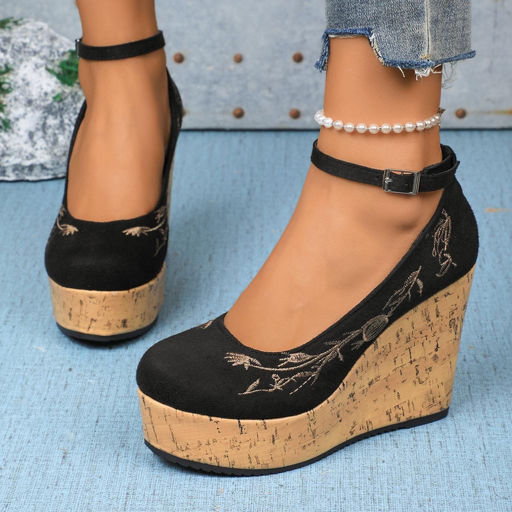 Fashion Shallow Mouth Platform Bottom Wedge Heel One-strap Single Shoes Cross-border Suede Embroidery Large Size One-step Women's Shoes
