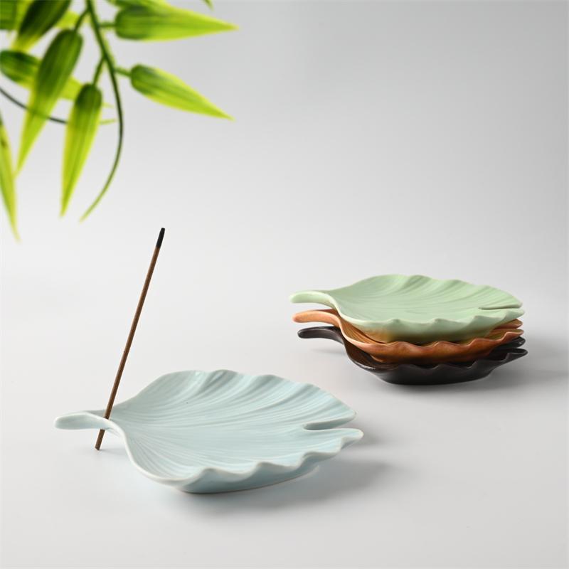 Ginkgo Leaf Ceramic Incense Holder - Sandalwood Coil and Stick Burner, Indoor Incense Tray and Decorative Plate