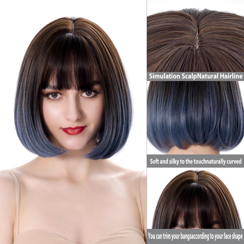 Bob Wig Straight Short Black To Blue Ombre Daily Synthetic Wigs For Women With Bangs Nutural  Heat Resistant Fiber Cosplay Hair