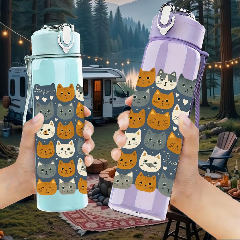 1 PZ Gatto Cartone Animato Layout a Griglia 750ml Colore Plastica Borraccia Sportiva Tappo Flip con Cannuccia Anti-perdita Per Sport Ufficio Uso Domestico