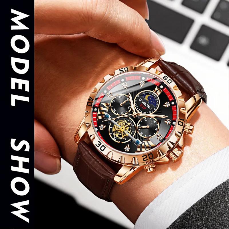 Men's Fashion Luminous Quartz Watch Three Eye Timing Moon Phase Dial Waterproof Multifunctional Fashionable Flywheel Watch