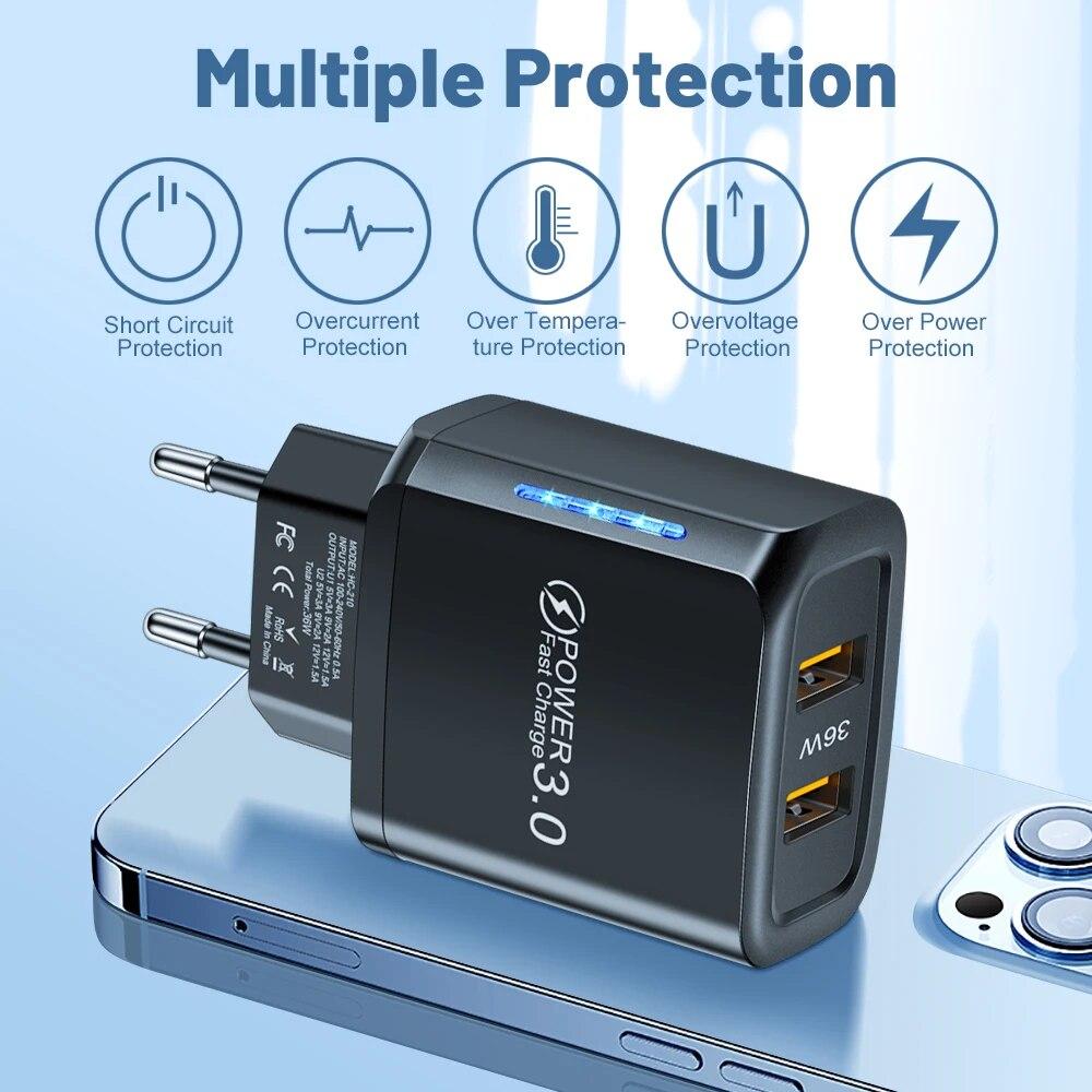 2 Ports 36W USB Mobile Phone Charger Quick 3.0 Wall Fast Charging Adapter For iPhone Xiaomi Samsung
