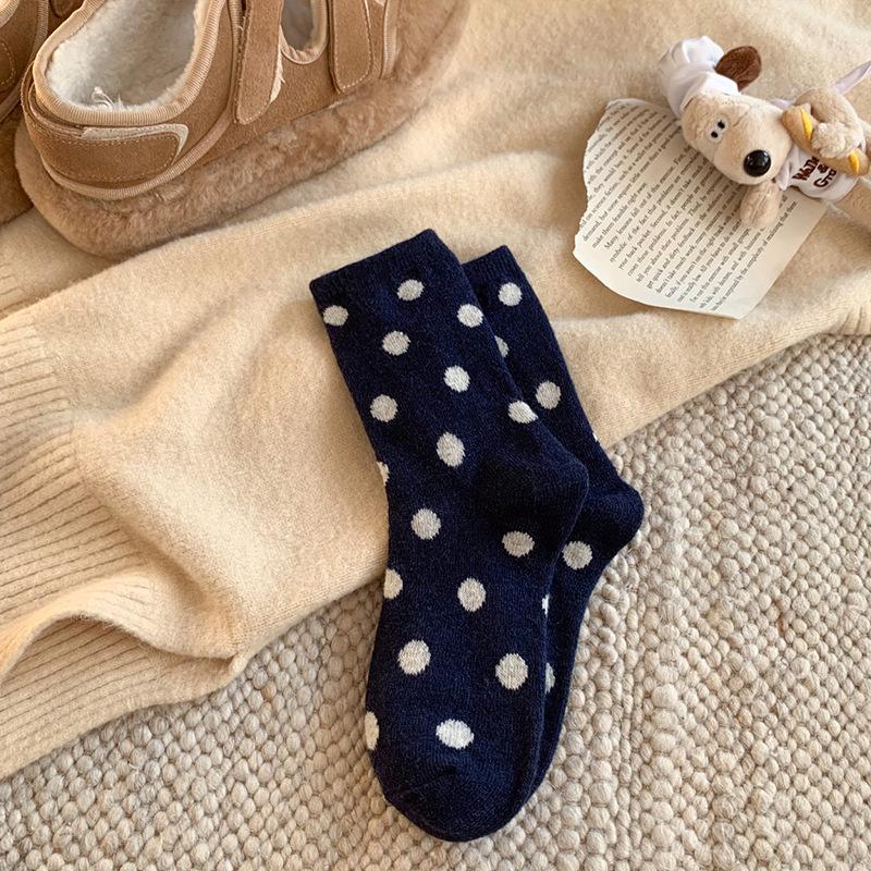 Women's Mid-Calf Polka Dot Brown Wool Socks - Warm, Thickened, Japanese Style for Fall/Winter