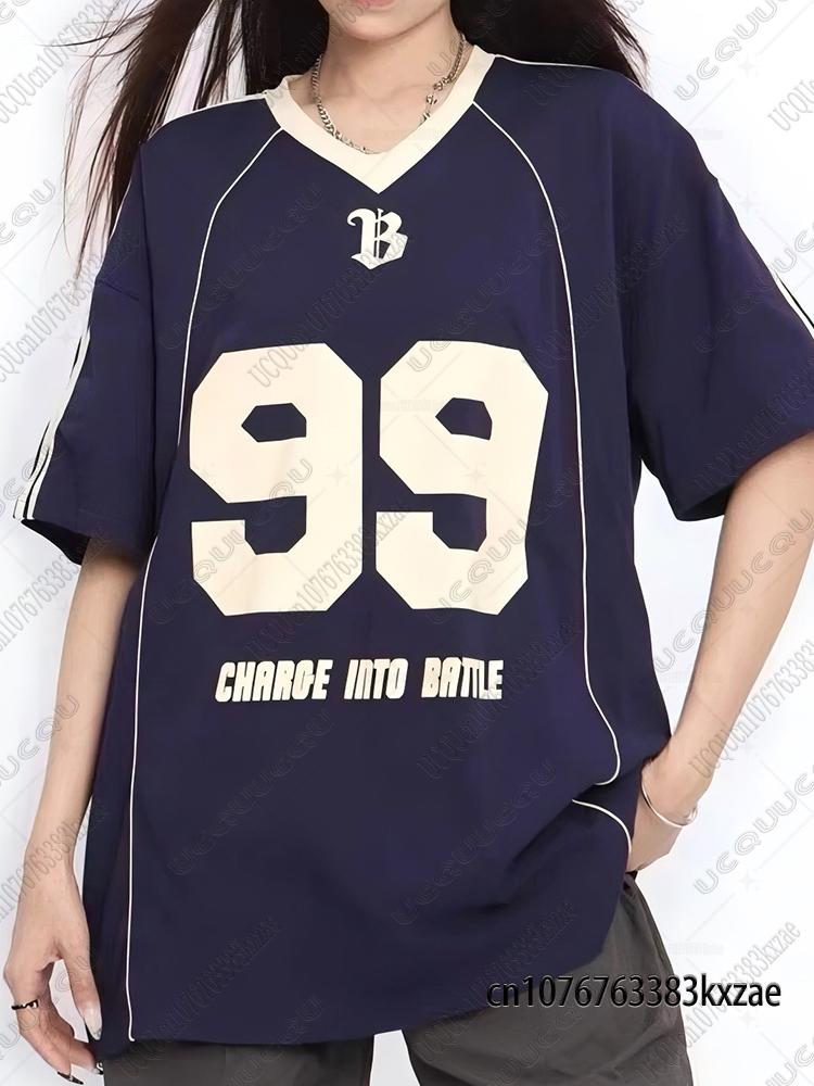 2026 Summer New 99 Print T-Shirt For Women V-Neck Patchwork Short Sleeve Vintage Sports Football Jersey Y2K Loose Oversized Tops