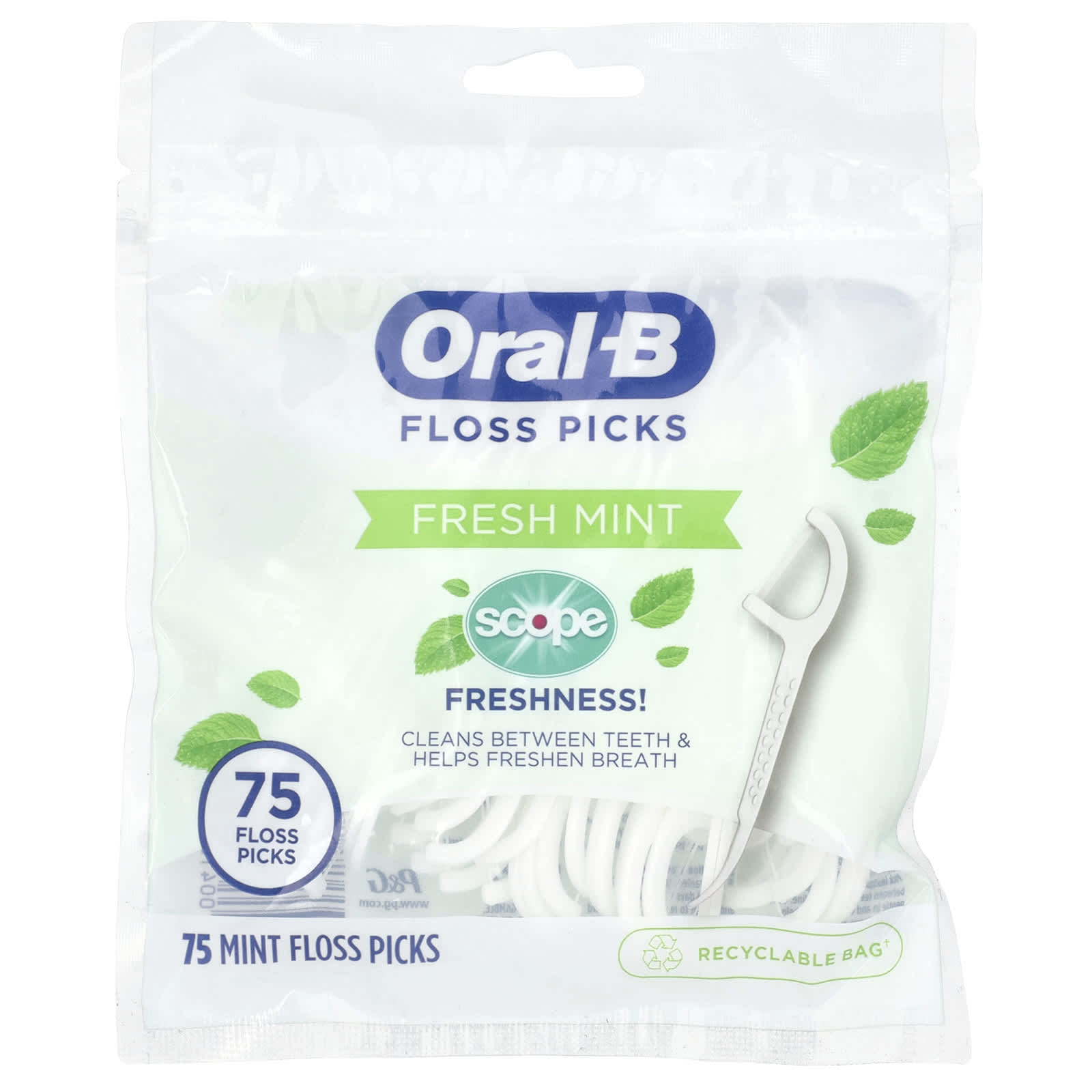 Oral-B, Scope одноразовая зубная нить, свежая мята, 75 зубных нитей