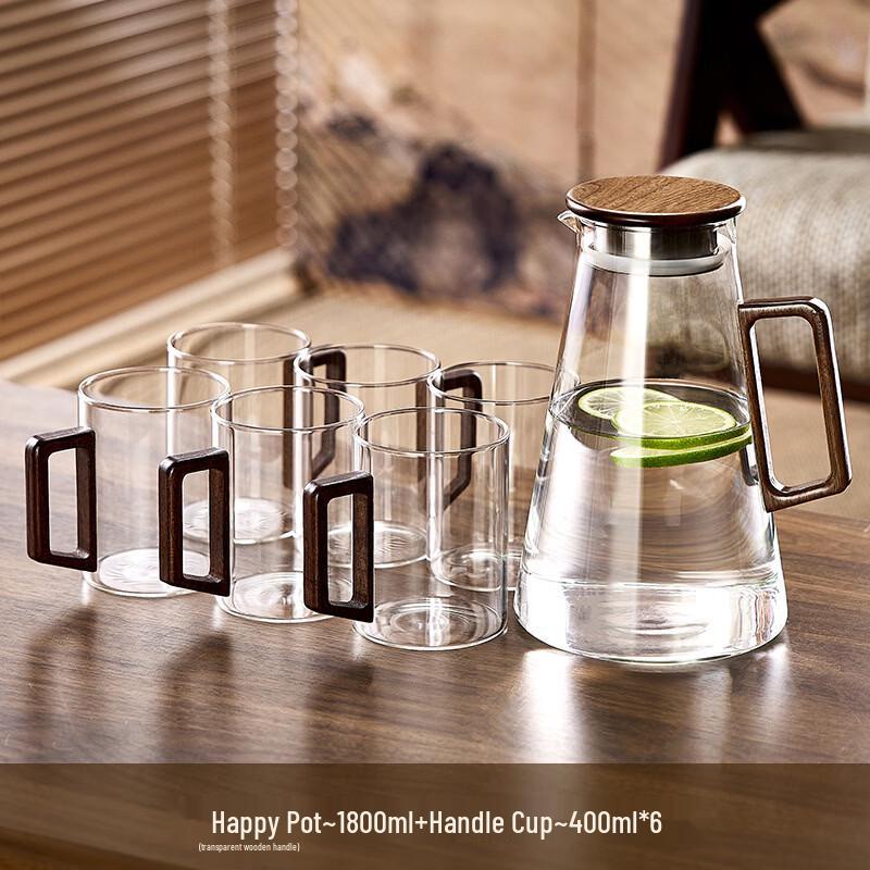 Handon Wooden Handle Glass Teacup Set with Kettle