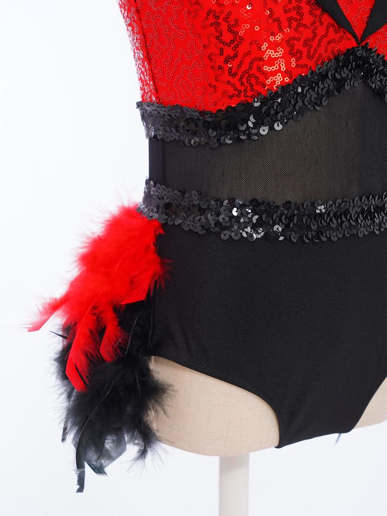 Kids Stage Performance Costume Turn-Down Collar Sleeveless Sheer Mesh Keyhole Back Sequins Leotard