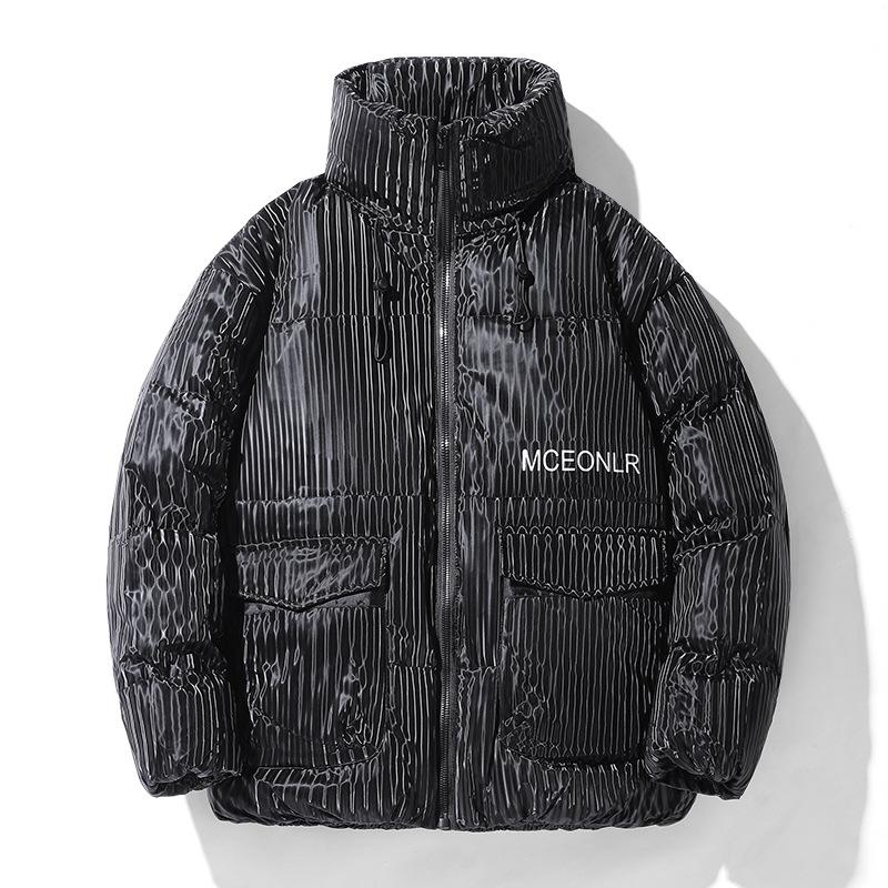 

Men s winter trendy men s handsome stand-up collar striped cropped down jacket youth fashion Korean casual warm jacket XXXL чёрный