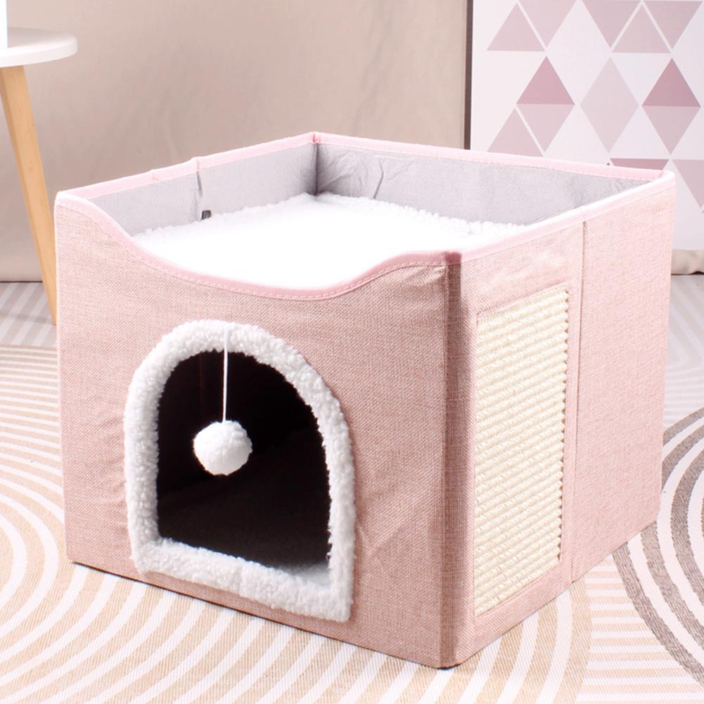 Cat Bed Cat Cube Cave with Fluffy Ball & Scratch Pad Pet Play House Large Kitten Sleeping Bed Comfortable for Indoor Cats