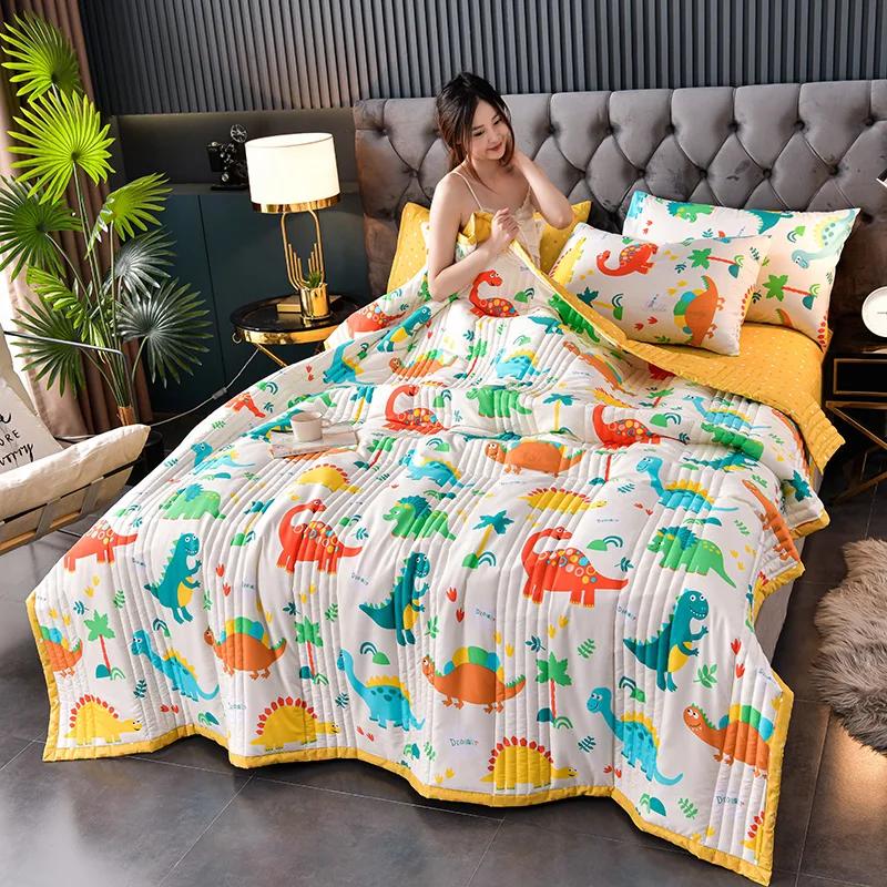 Children Cartoon Dinosaur Quilt Washed Air Condition Thin Comforter Blanket Bedspread for Single Double Queen King Bed Coverlet