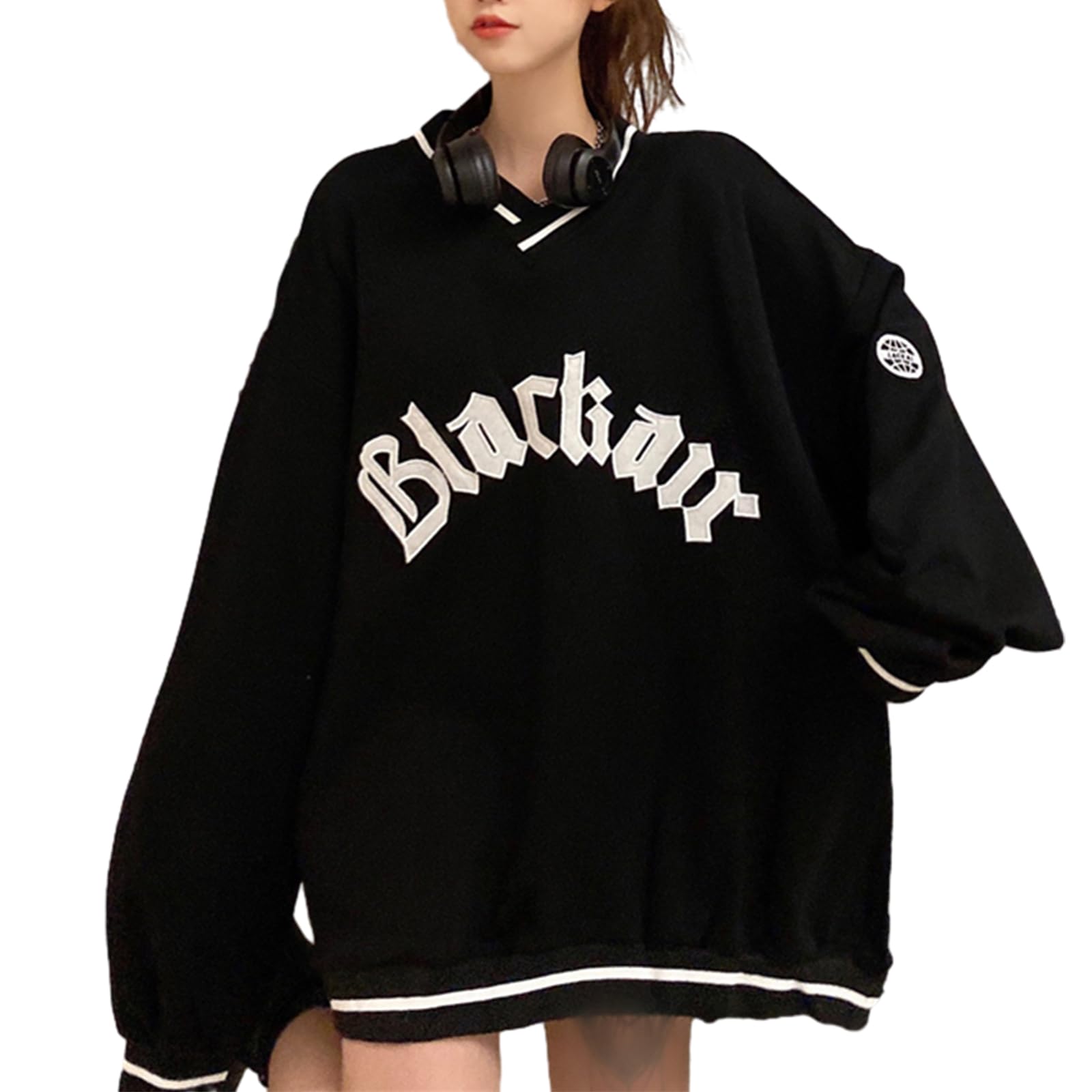 

Long Embroidered Loose Office Winter [JLBOCMGT] Women s Sweatshirt, Sleeve, V-Neck, Lightweight, Cute, Lettering, Stylish, Fit, Slimming, чёрный