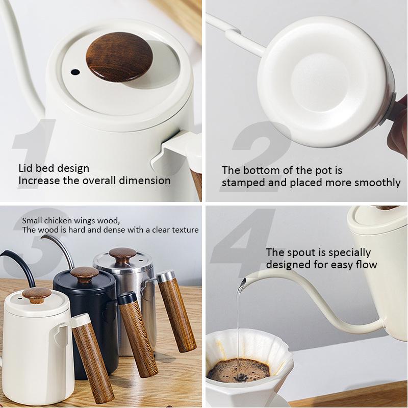 600ML Hand Brewing Pot Gooseneck Kettle Spout Espresso Coffee Tea Milk Pot Wooden Handle 304 Stainless Steel Coffee Pot for Home