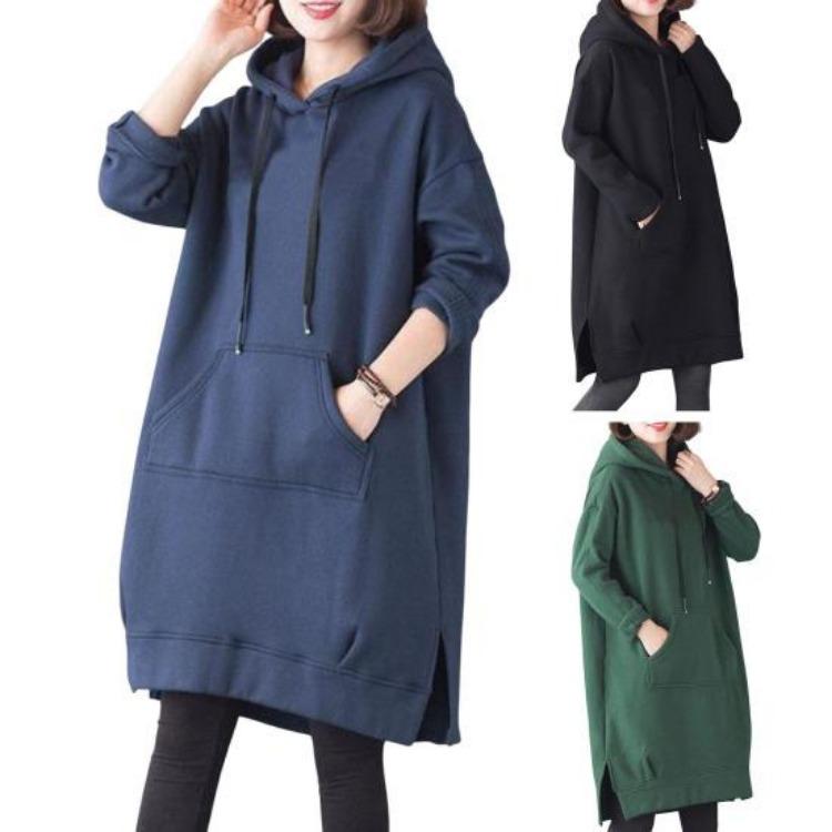 Damen Lockerer Dicke Hoodie Einfarbige Herbst Winter Plüsch Pullover mit Großer Tasche Kordelzug Geschlitzter Saum Knielang Tägliches Oberteil