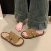 Fashion Women's Flat Sandals Summer New Style Round Head Open Toe Cow Suede Metal Buckle Soft Sole Anti-slip Wear-resistant Slippers
