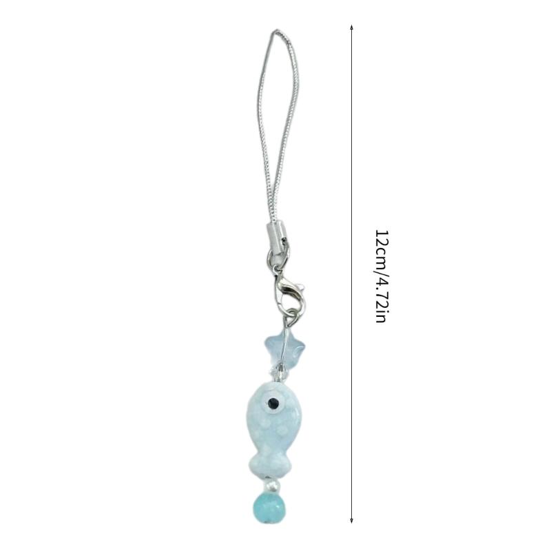 Sweet Blue Fish Beads Charm Pendant Chain Phone Strap Pocket Keychain Strap Hangings Decoration for Key Bag Purse