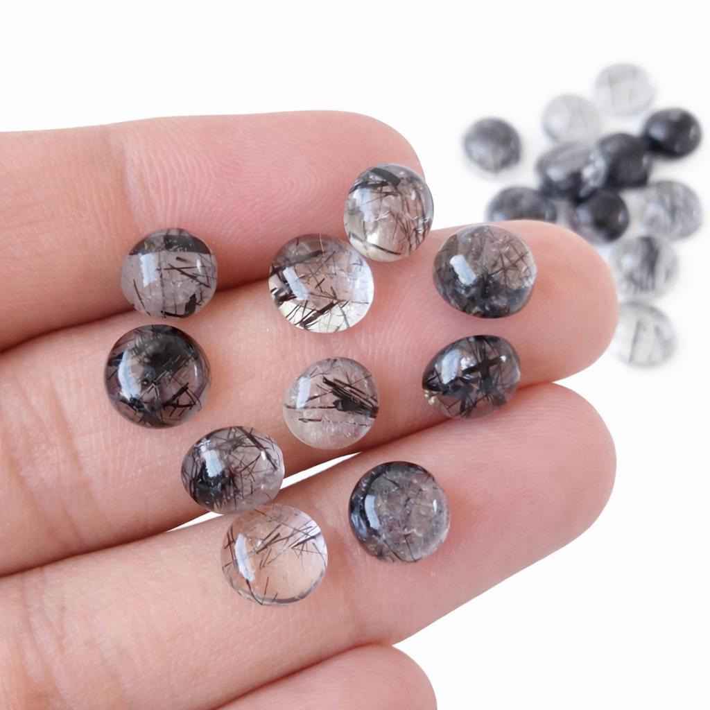 Black Rutile Quartz Round Cabochon – 8 mm Flat Back Gemstone for Jewelry Making