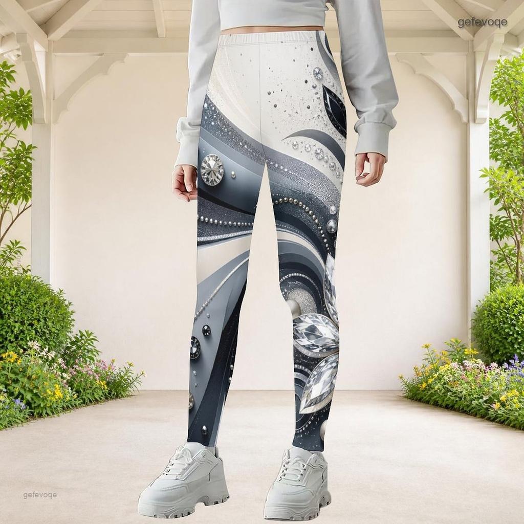 Girls Black Golden Glitter Print Full Length Stretch Waist Fitted Yoga Leggings