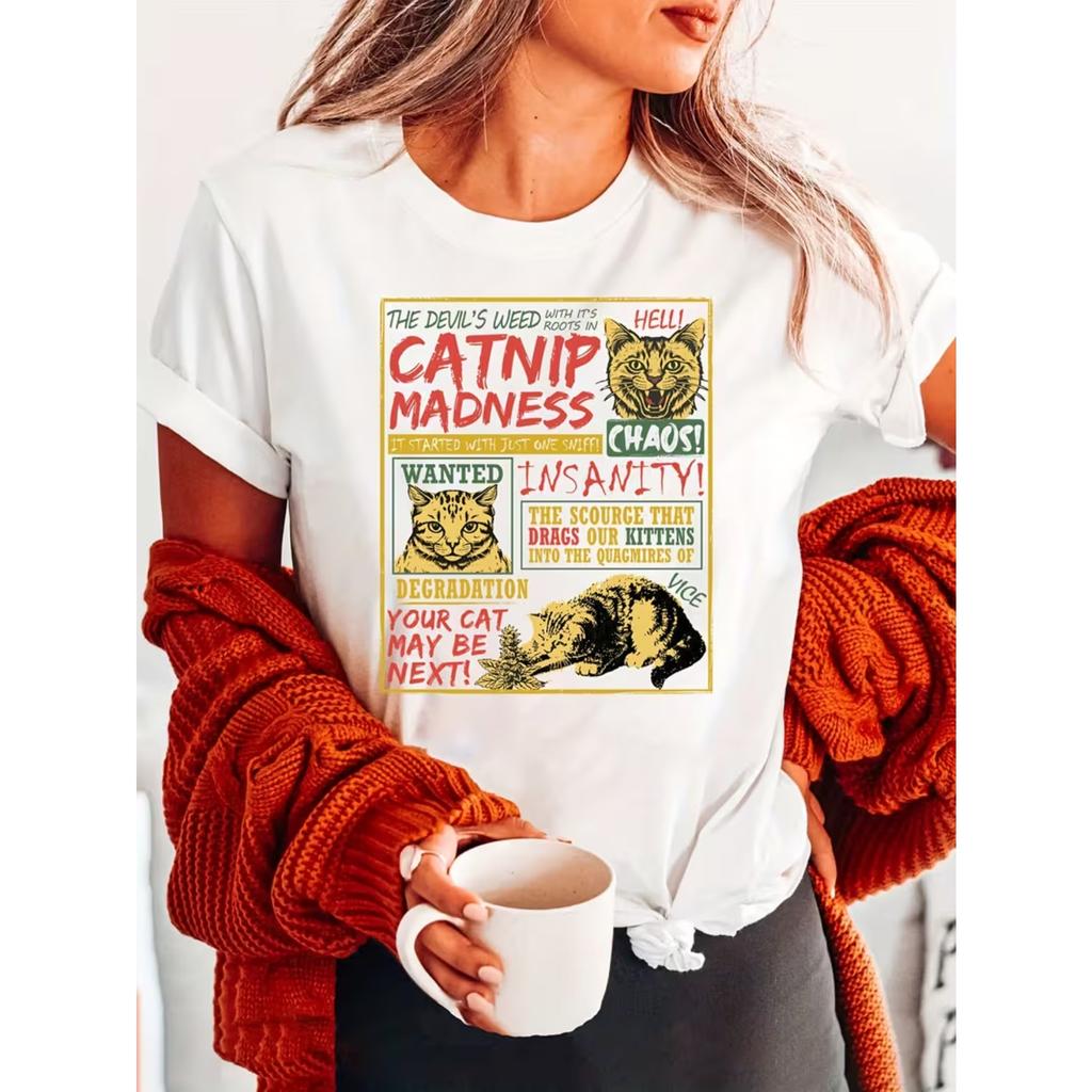 Crazy Cute Kitten Fashion Letter Print T-shirt, Short Sleeve Crew Neck Casual Top for Summer & Spring, Women's Clothing