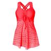 Women's Pink Lace Overlay Crisscross Back Drawstring Tankini Swimsuit
