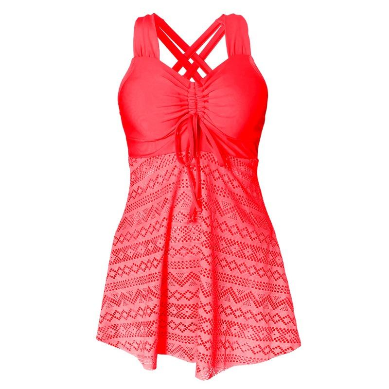 Women's Pink Lace Overlay Crisscross Back Drawstring Tankini Swimsuit