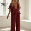 Muskelversteckende Hosen Color Block 2-teilige Sets für Damen, Kurzarm V-Ausschnitt Locker geschnittenes Hemd Damen Oberteil und Weite Hosen Passende Sets, Sommerurlaub