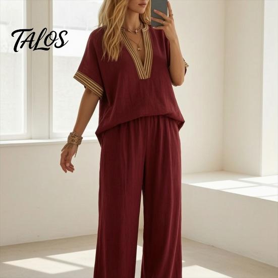 Muskelversteckende Hosen Color Block 2-teilige Sets für Damen, Kurzarm V-Ausschnitt Locker geschnittenes Hemd Damen Oberteil und Weite Hosen Passende Sets, Sommerurlaub