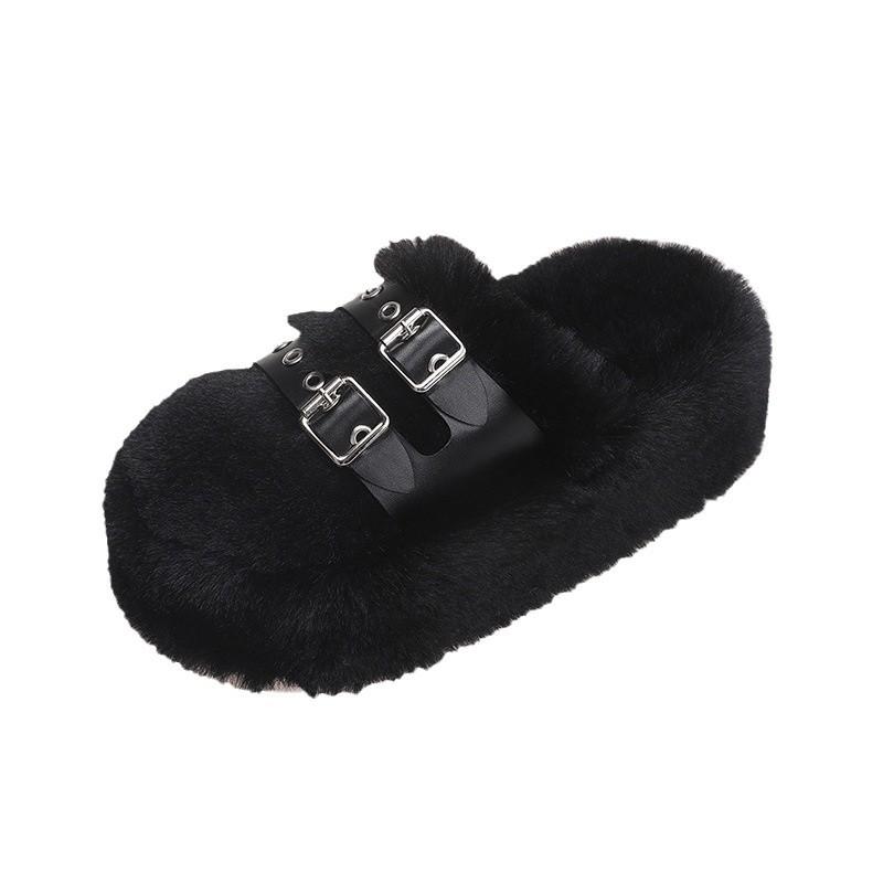 Belt Buckle Fluffy Slippers Women Wear Autumn and Winter Thick-bottomed Bag Head Indoor Cotton Slippers Women