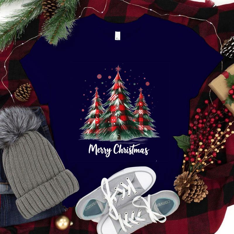 

New Merry Christmas Tree Print T-Shirts Women Men Christmas Cool Short Sleeve Female Casual T-Shirts Round Neck Tops 4XL