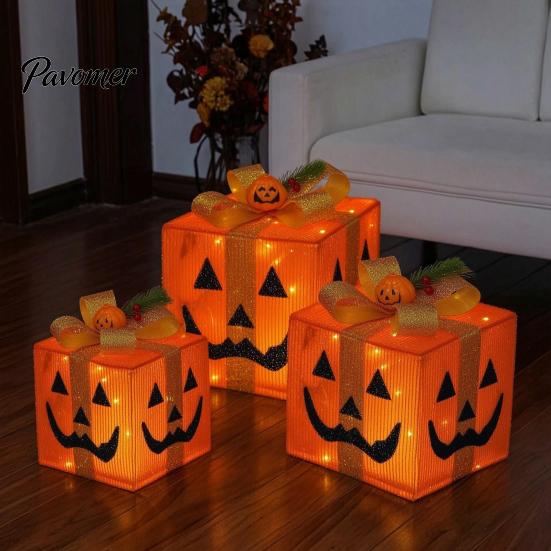 Handmade Pumpkin Face Props 3Pcs Lighted Halloween Gift Boxes, Spooky Glowing Outdoor Doorway Landscaping Presents Box, Warm Light Holiday Ornament